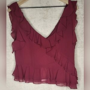 Wayf Burgundy Asymmetrical Ruffled Sleeveless Blouse NWT Medium